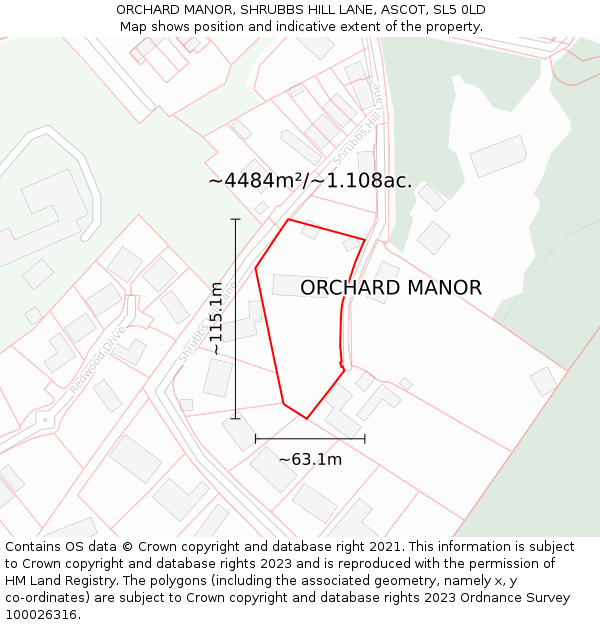 ORCHARD MANOR, SHRUBBS HILL LANE, ASCOT, SL5 0LD: Plot and title map