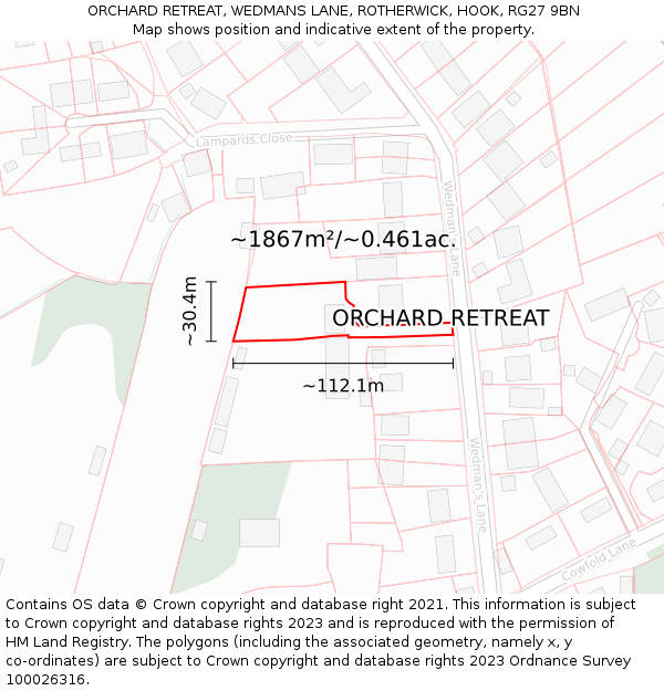 ORCHARD RETREAT, WEDMANS LANE, ROTHERWICK, HOOK, RG27 9BN: Plot and title map