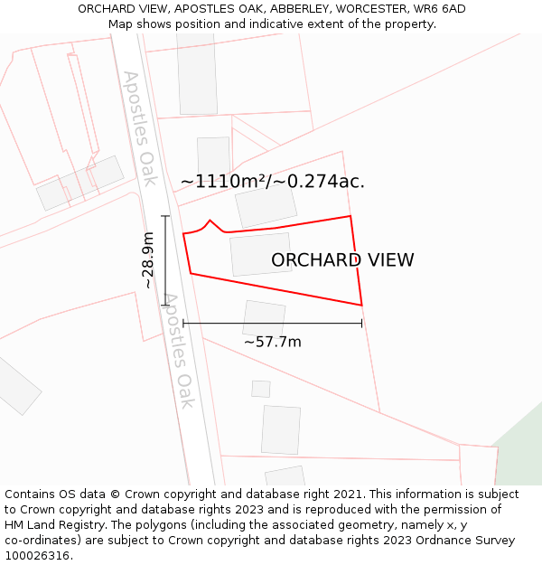 ORCHARD VIEW, APOSTLES OAK, ABBERLEY, WORCESTER, WR6 6AD: Plot and title map