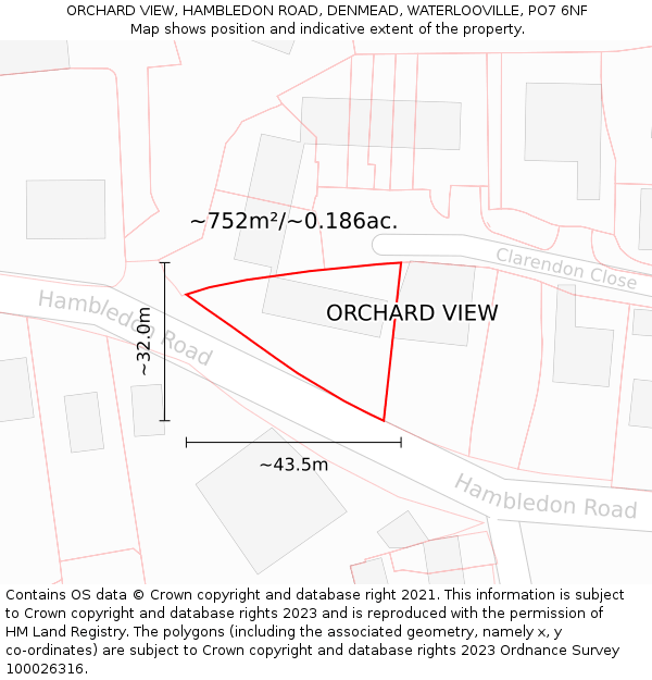 ORCHARD VIEW, HAMBLEDON ROAD, DENMEAD, WATERLOOVILLE, PO7 6NF: Plot and title map