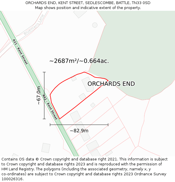 ORCHARDS END, KENT STREET, SEDLESCOMBE, BATTLE, TN33 0SD: Plot and title map