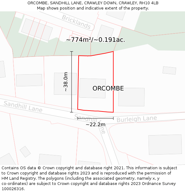 ORCOMBE, SANDHILL LANE, CRAWLEY DOWN, CRAWLEY, RH10 4LB: Plot and title map
