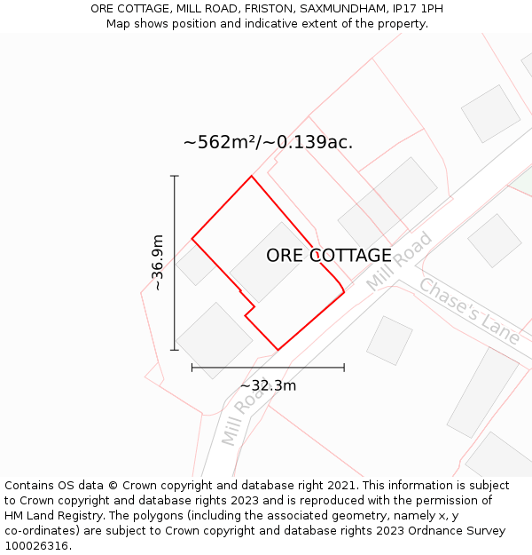ORE COTTAGE, MILL ROAD, FRISTON, SAXMUNDHAM, IP17 1PH: Plot and title map