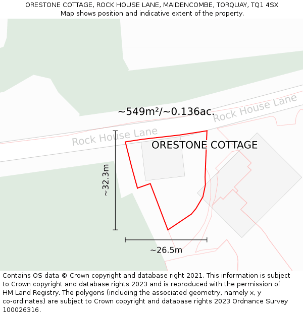 ORESTONE COTTAGE, ROCK HOUSE LANE, MAIDENCOMBE, TORQUAY, TQ1 4SX: Plot and title map