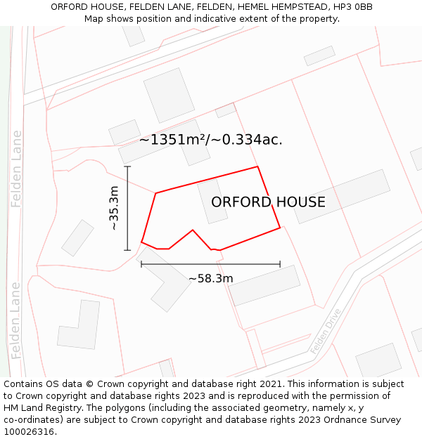 ORFORD HOUSE, FELDEN LANE, FELDEN, HEMEL HEMPSTEAD, HP3 0BB: Plot and title map