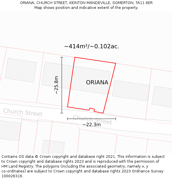 ORIANA, CHURCH STREET, KEINTON MANDEVILLE, SOMERTON, TA11 6ER: Plot and title map