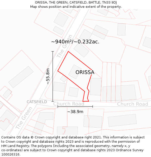 ORISSA, THE GREEN, CATSFIELD, BATTLE, TN33 9DJ: Plot and title map