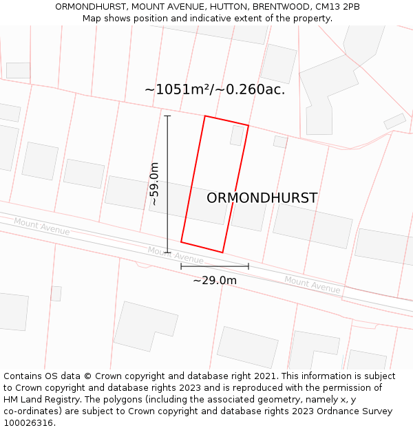 ORMONDHURST, MOUNT AVENUE, HUTTON, BRENTWOOD, CM13 2PB: Plot and title map