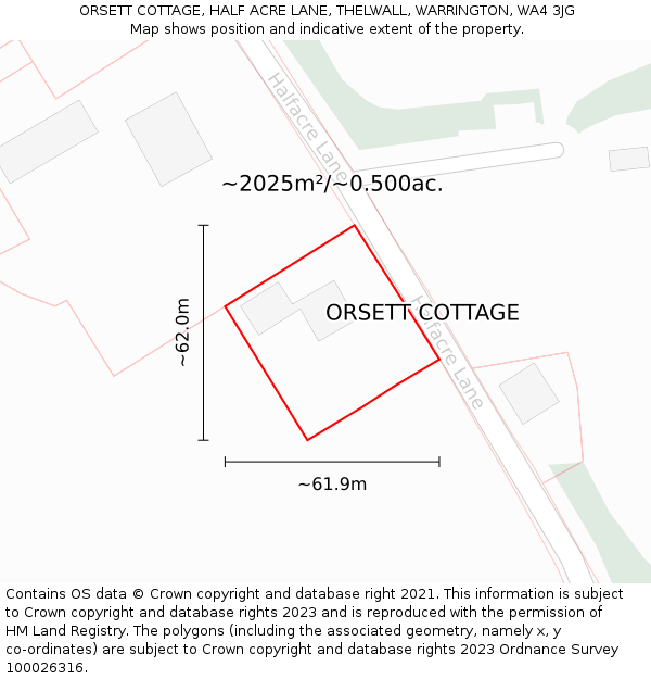 ORSETT COTTAGE, HALF ACRE LANE, THELWALL, WARRINGTON, WA4 3JG: Plot and title map
