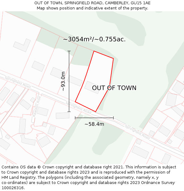 OUT OF TOWN, SPRINGFIELD ROAD, CAMBERLEY, GU15 1AE: Plot and title map