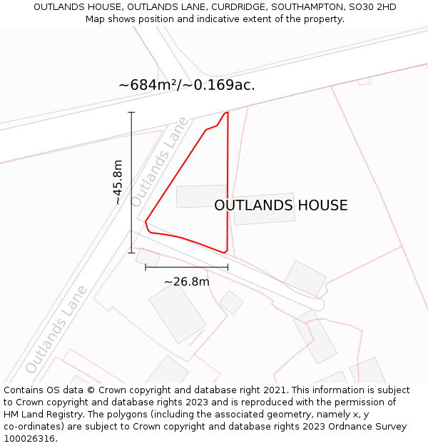 OUTLANDS HOUSE, OUTLANDS LANE, CURDRIDGE, SOUTHAMPTON, SO30 2HD: Plot and title map