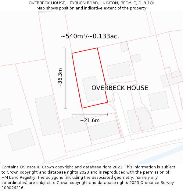 OVERBECK HOUSE, LEYBURN ROAD, HUNTON, BEDALE, DL8 1QL: Plot and title map