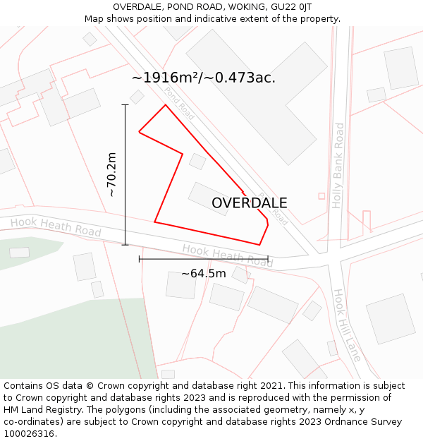 OVERDALE, POND ROAD, WOKING, GU22 0JT: Plot and title map