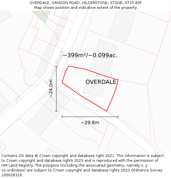 OVERDALE, SANDON ROAD, HILDERSTONE, STONE, ST15 8SF: Plot and title map