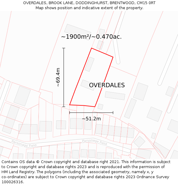 OVERDALES, BROOK LANE, DODDINGHURST, BRENTWOOD, CM15 0RT: Plot and title map