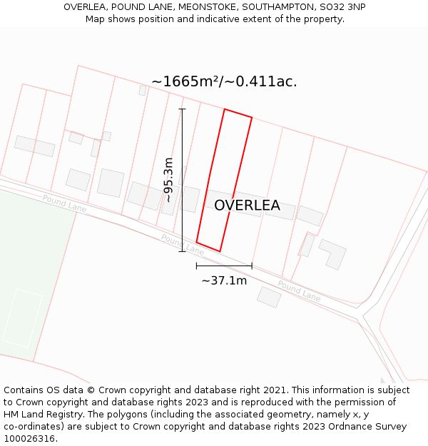 OVERLEA, POUND LANE, MEONSTOKE, SOUTHAMPTON, SO32 3NP: Plot and title map