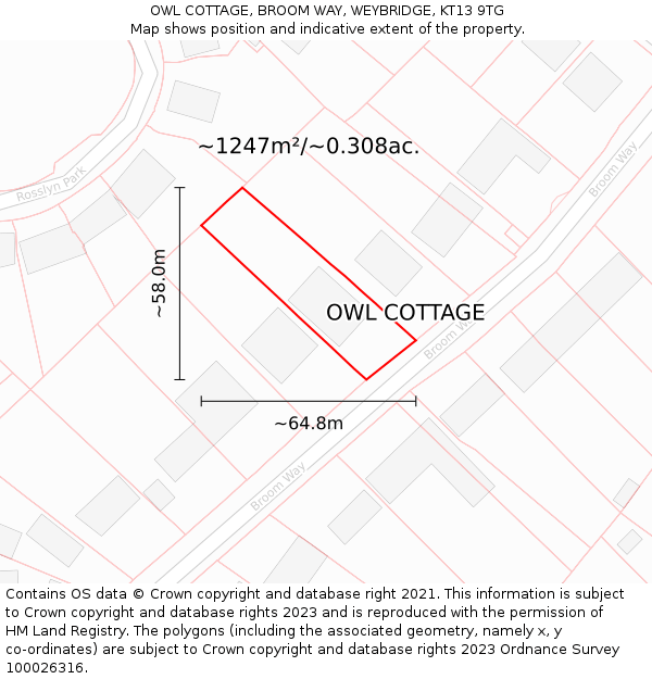 OWL COTTAGE, BROOM WAY, WEYBRIDGE, KT13 9TG: Plot and title map