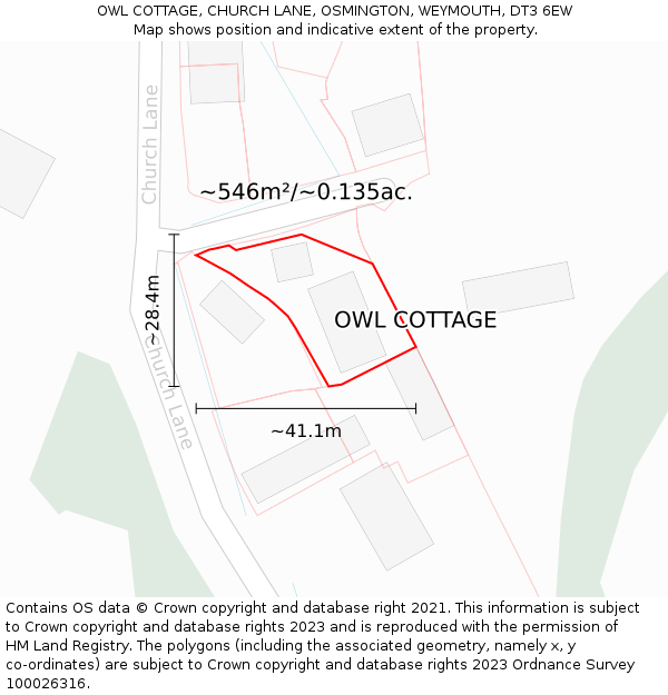 OWL COTTAGE, CHURCH LANE, OSMINGTON, WEYMOUTH, DT3 6EW: Plot and title map