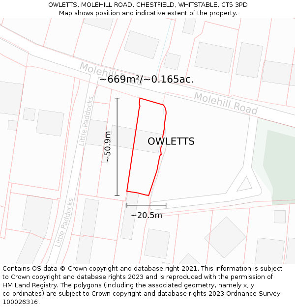 OWLETTS, MOLEHILL ROAD, CHESTFIELD, WHITSTABLE, CT5 3PD: Plot and title map