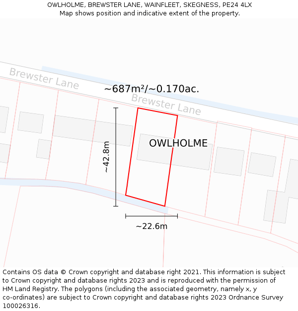 OWLHOLME, BREWSTER LANE, WAINFLEET, SKEGNESS, PE24 4LX: Plot and title map