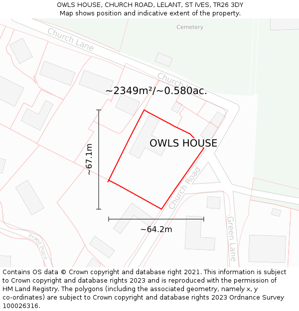 OWLS HOUSE, CHURCH ROAD, LELANT, ST IVES, TR26 3DY: Plot and title map