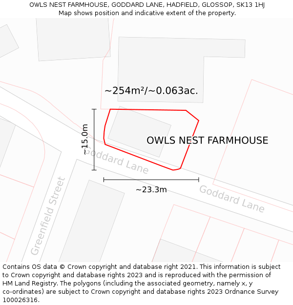 OWLS NEST FARMHOUSE, GODDARD LANE, HADFIELD, GLOSSOP, SK13 1HJ: Plot and title map