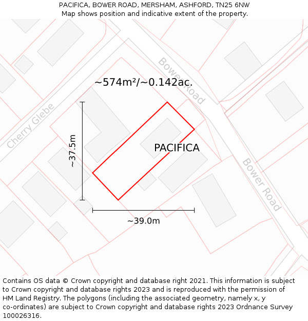 PACIFICA, BOWER ROAD, MERSHAM, ASHFORD, TN25 6NW: Plot and title map