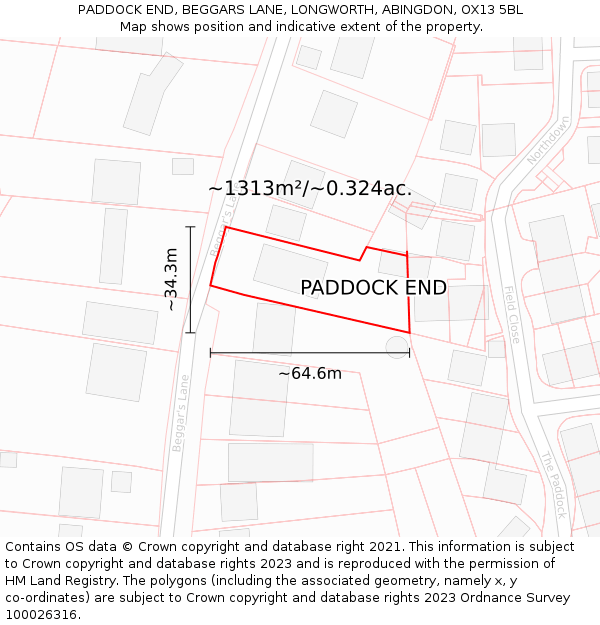 PADDOCK END, BEGGARS LANE, LONGWORTH, ABINGDON, OX13 5BL: Plot and title map