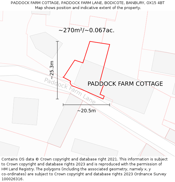 PADDOCK FARM COTTAGE, PADDOCK FARM LANE, BODICOTE, BANBURY, OX15 4BT: Plot and title map