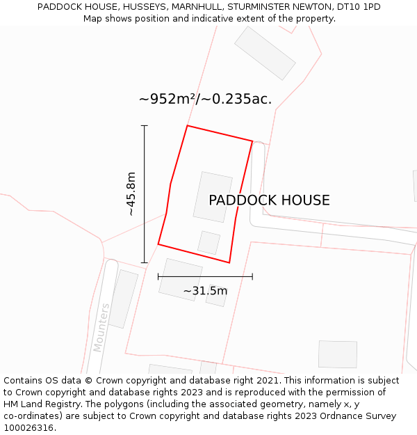 PADDOCK HOUSE, HUSSEYS, MARNHULL, STURMINSTER NEWTON, DT10 1PD: Plot and title map