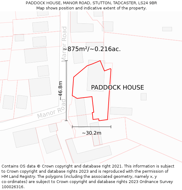 PADDOCK HOUSE, MANOR ROAD, STUTTON, TADCASTER, LS24 9BR: Plot and title map