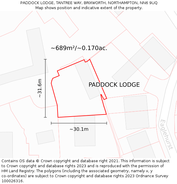 PADDOCK LODGE, TANTREE WAY, BRIXWORTH, NORTHAMPTON, NN6 9UQ: Plot and title map