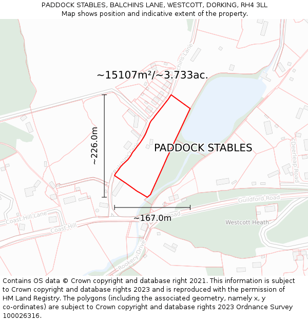 PADDOCK STABLES, BALCHINS LANE, WESTCOTT, DORKING, RH4 3LL: Plot and title map