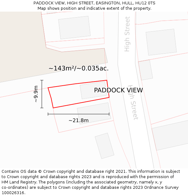 PADDOCK VIEW, HIGH STREET, EASINGTON, HULL, HU12 0TS: Plot and title map