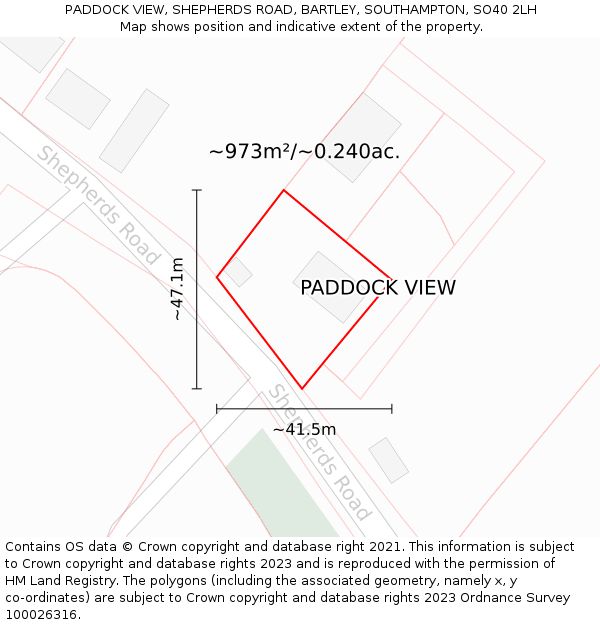 PADDOCK VIEW, SHEPHERDS ROAD, BARTLEY, SOUTHAMPTON, SO40 2LH: Plot and title map
