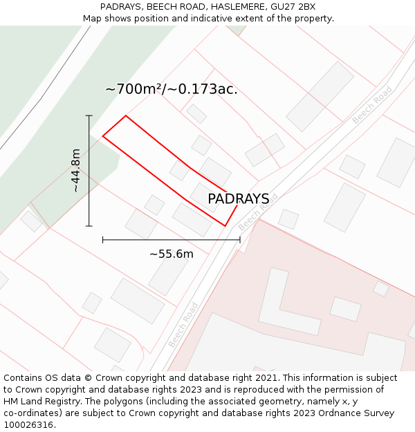 PADRAYS, BEECH ROAD, HASLEMERE, GU27 2BX: Plot and title map