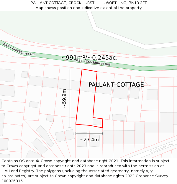 PALLANT COTTAGE, CROCKHURST HILL, WORTHING, BN13 3EE: Plot and title map