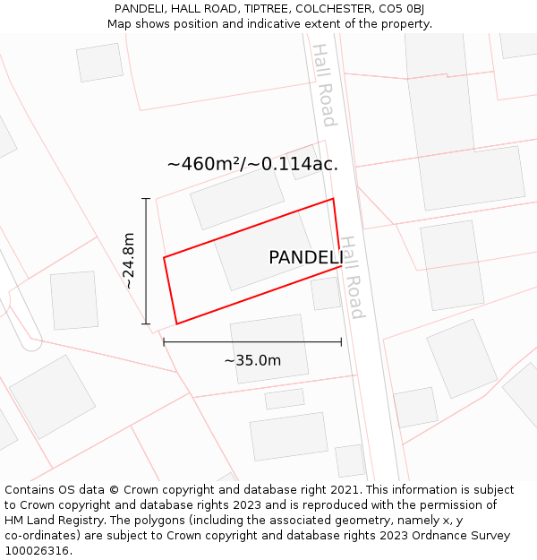 PANDELI, HALL ROAD, TIPTREE, COLCHESTER, CO5 0BJ: Plot and title map