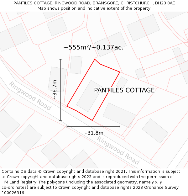 PANTILES COTTAGE, RINGWOOD ROAD, BRANSGORE, CHRISTCHURCH, BH23 8AE: Plot and title map