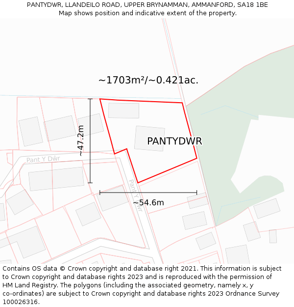 PANTYDWR, LLANDEILO ROAD, UPPER BRYNAMMAN, AMMANFORD, SA18 1BE: Plot and title map