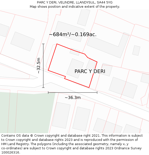 PARC Y DERI, VELINDRE, LLANDYSUL, SA44 5YG: Plot and title map