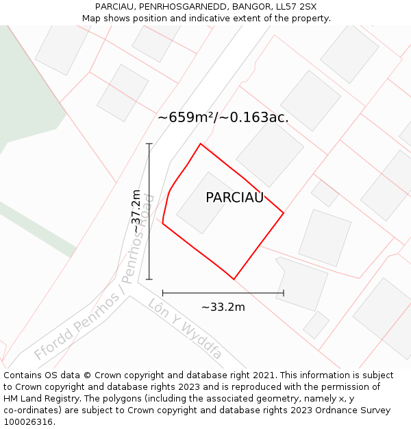 PARCIAU, PENRHOSGARNEDD, BANGOR, LL57 2SX: Plot and title map