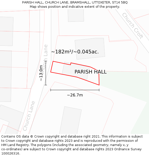 PARISH HALL, CHURCH LANE, BRAMSHALL, UTTOXETER, ST14 5BQ: Plot and title map
