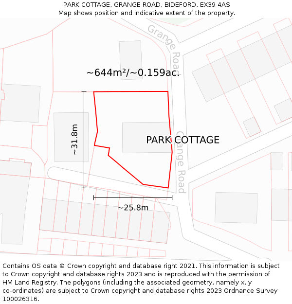 PARK COTTAGE, GRANGE ROAD, BIDEFORD, EX39 4AS: Plot and title map