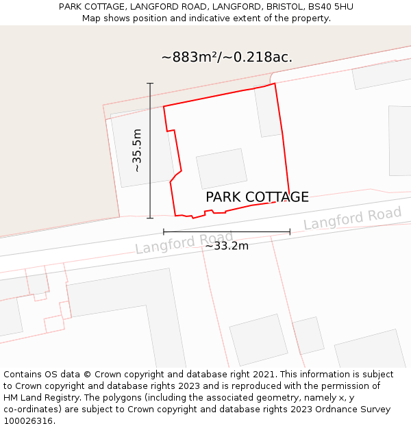 PARK COTTAGE, LANGFORD ROAD, LANGFORD, BRISTOL, BS40 5HU: Plot and title map