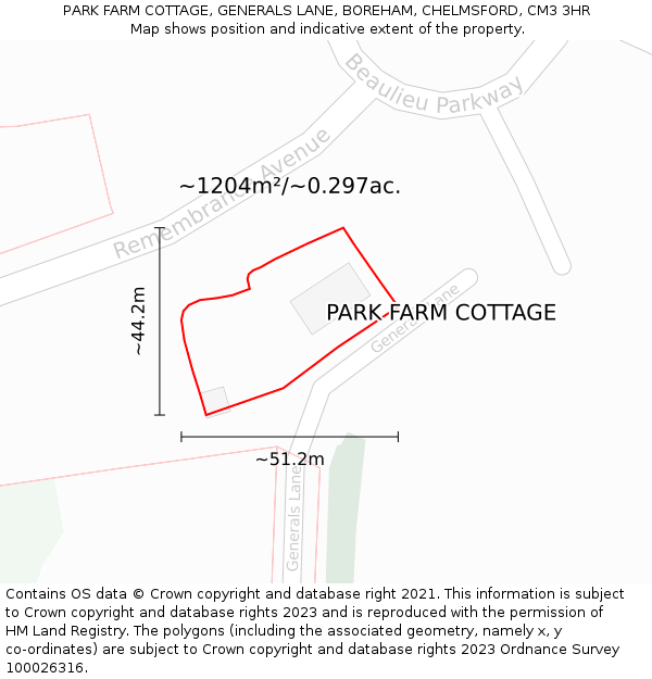 PARK FARM COTTAGE, GENERALS LANE, BOREHAM, CHELMSFORD, CM3 3HR: Plot and title map