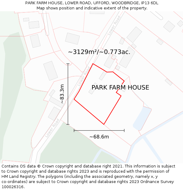 PARK FARM HOUSE, LOWER ROAD, UFFORD, WOODBRIDGE, IP13 6DL: Plot and title map