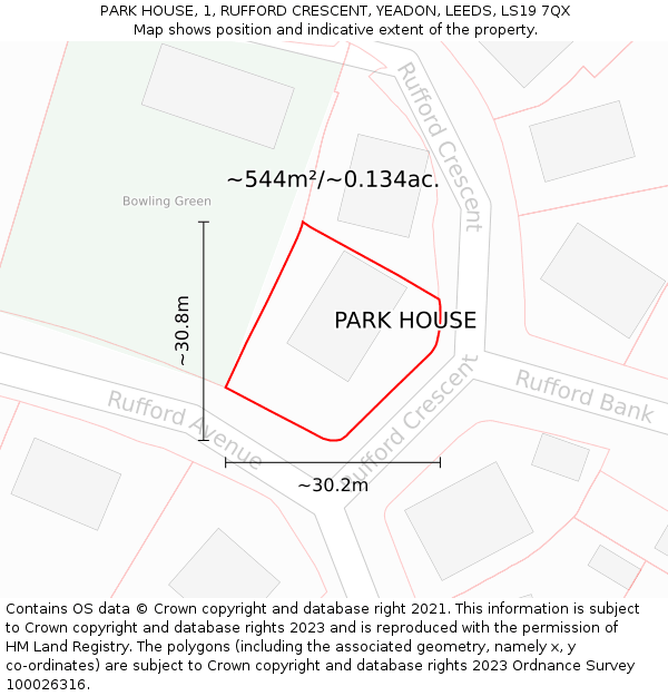PARK HOUSE, 1, RUFFORD CRESCENT, YEADON, LEEDS, LS19 7QX: Plot and title map