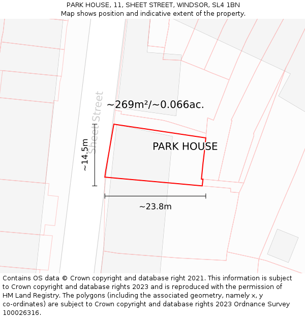PARK HOUSE, 11, SHEET STREET, WINDSOR, SL4 1BN: Plot and title map