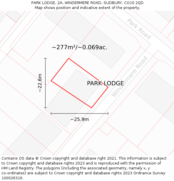 PARK LODGE, 2A, WINDERMERE ROAD, SUDBURY, CO10 2QD: Plot and title map